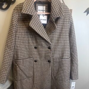 Steve Madden Women's Brown Plaid Pea Coat